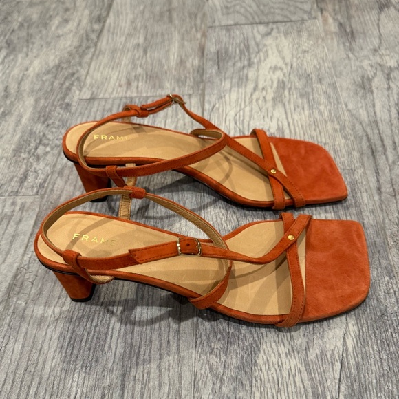 New Frame Orange suede Le Braxton strappy sandal heels